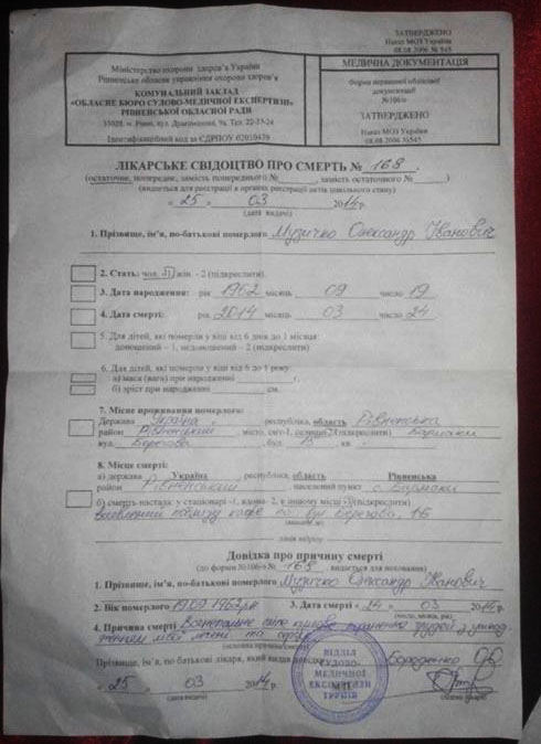 врачебное свидетельство о смерти Александра Музычко - фото 1