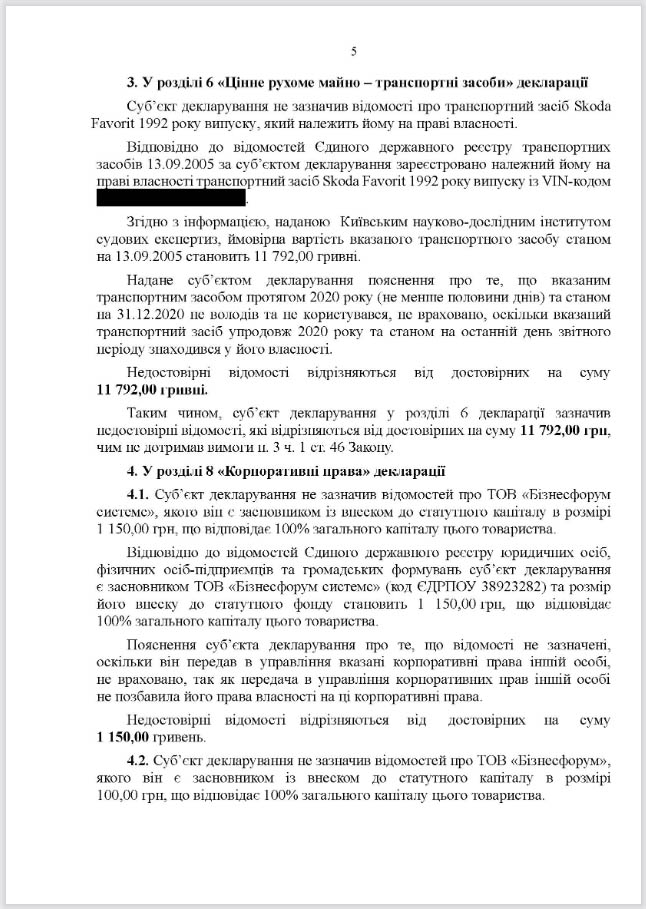 Юрій Камельчук, порушення в декларації, висновок НАЗК, сторінка 5