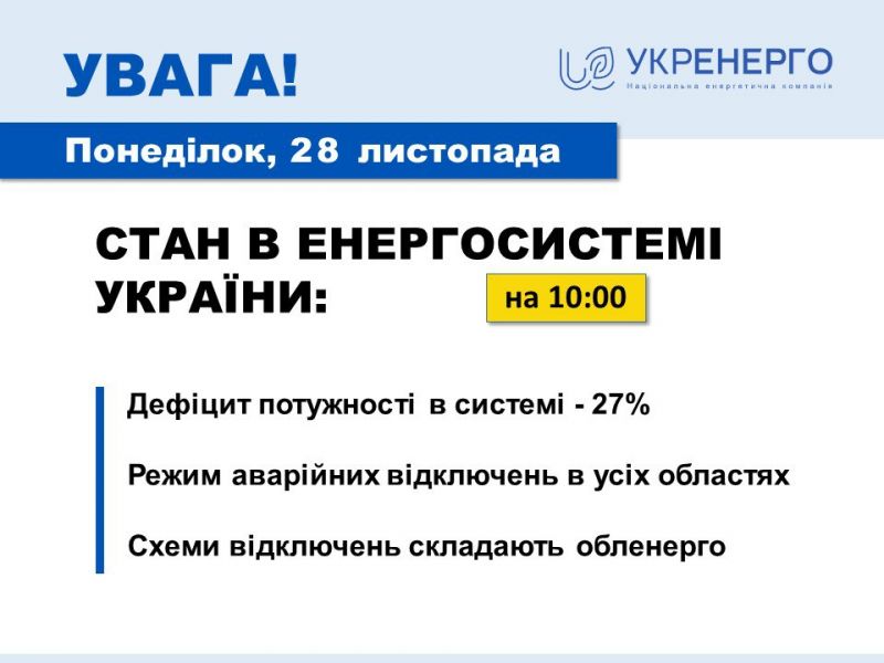 14 листопада по Україні застосовуються аварійні відключення електроенергії - фото