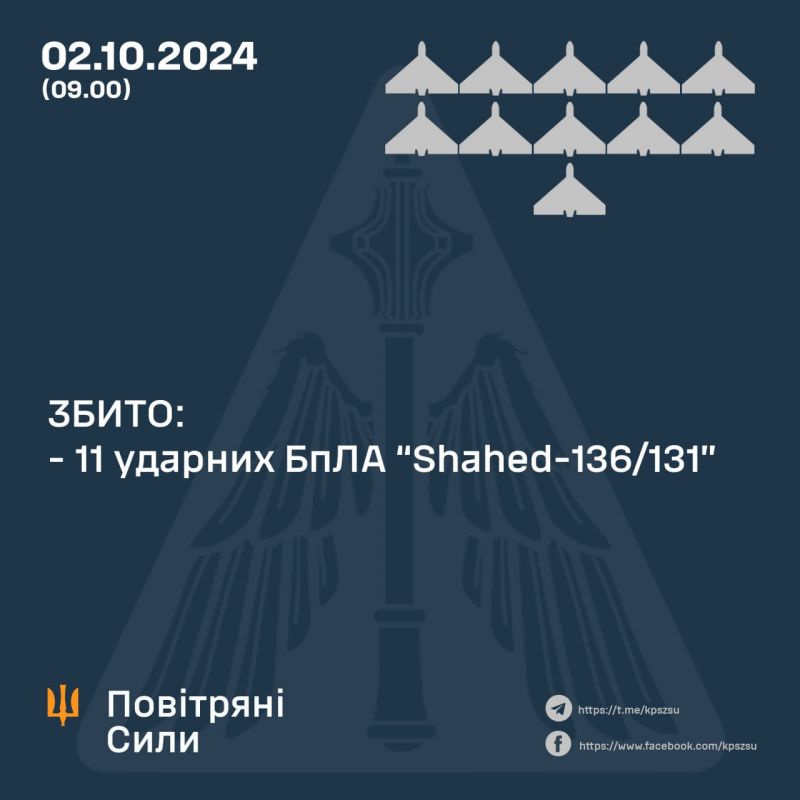 Збито 11/32 "шахедів", ще 4 полетіли на росію, 10 подавлені РЕБом - фото