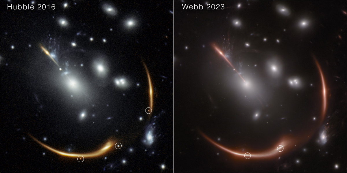знімки Габбла та Вебба двох наднових в одній і тій самій лінзованій галактиці