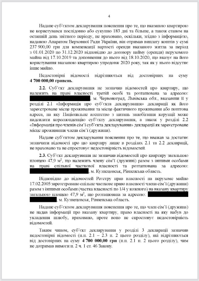 Юрій Камельчук, порушення в декларації, висновок НАЗК, сторінка 4
