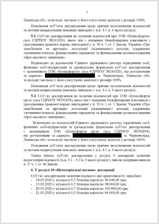 Юрій Камельчук, порушення в декларації, висновок НАЗК, сторінка 7