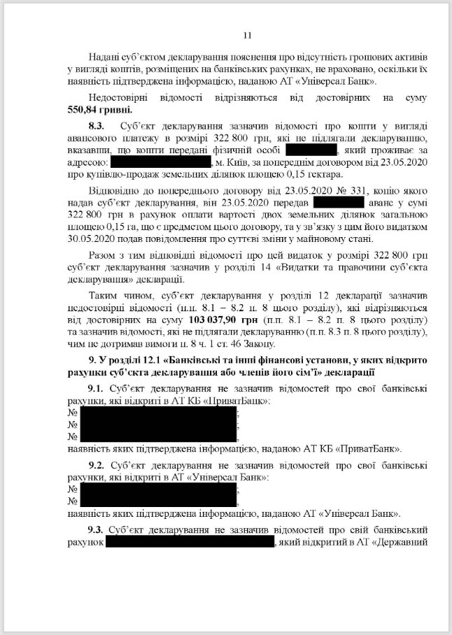 Юрій Камельчук, порушення в декларації, висновок НАЗК, сторінка 11