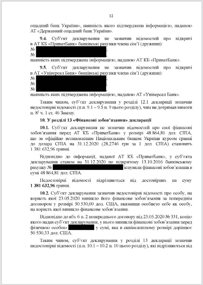 Юрий Камельчук, нарушения в декларации, заключение НАПК, страница 12