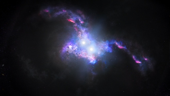 Хаббл сфотографировал двойные квазары в сливающихся галактиках - фото